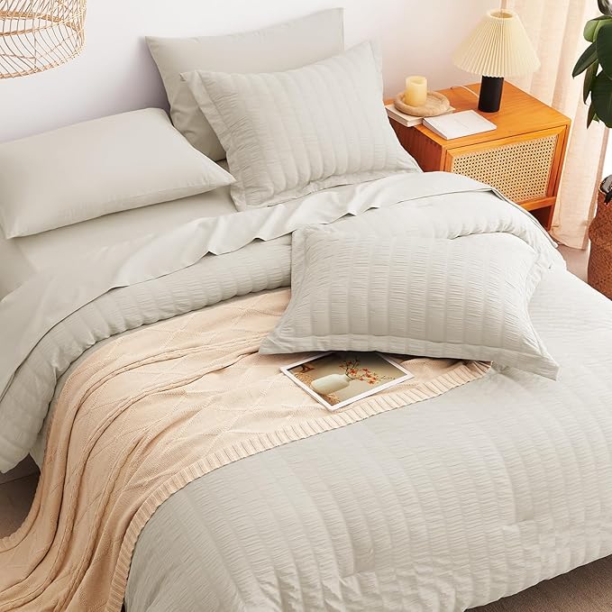 CozyLux Full Size Comforter Sets with Sheets 7 Pieces, Oatmeal Seersucker Bed in a Bag Textured Luxury Soft Bedding Sets with Down Alternative Comforter, Sheets, Pillowcases & Shams for All Season