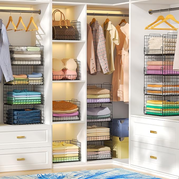 4-Tier Stackable Closet Organizers and Storage Basket - Foldable Closet Shelf Organizer System, Sturdy Metal Space-Saving Clothes Storage Bins for Wardrobe, Black - Image 2