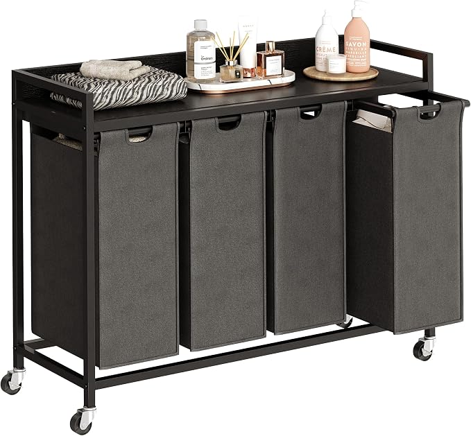 Herture Laundry Hamper with Shelf, Laundry Basket 4 Section, Laundry Sorter with Pull-Out Removable Large Bags and Movable Wheels, Metal Frame, 4 x 15.87 Gallons (60L), Black and Gray PF07XLB by Herture
