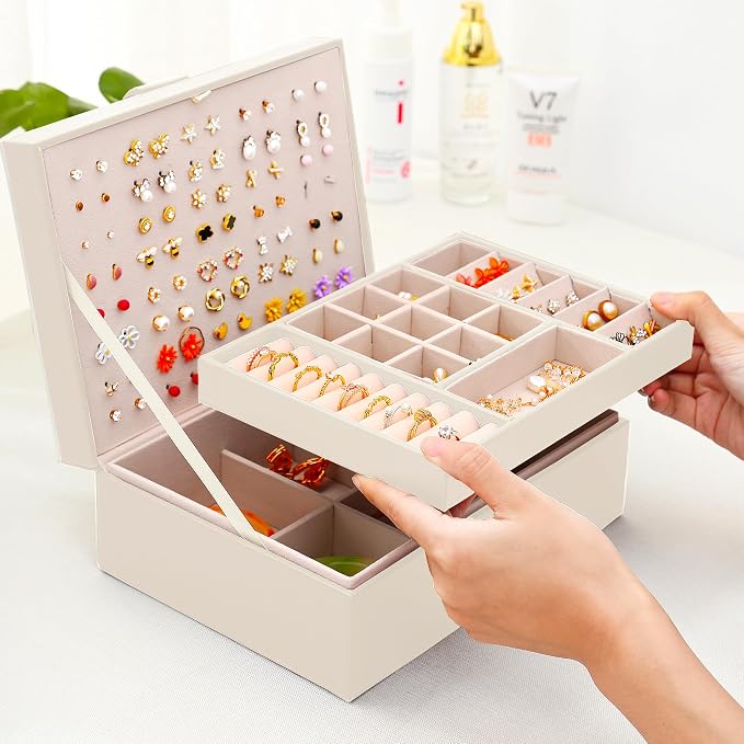 QBestry Girls Jewelry Box Earring Holder Organizer for Girls Jewelry Organizer Box Stud Earrings Organizer for Girl Womens Beige Jewelry Box for Earrings and Necklaces Rings Stud Earring Box for Teen - Image 8