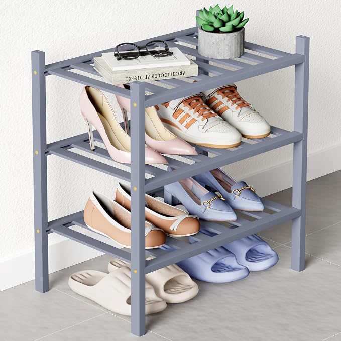 Smiry Bamboo Shoe Rack for Closet, 3 Tier Small Wooden Stackable Shoe Organizer, Free Standing Shoes Storage Shelf for Entryway, Front Door Entrance, Grey by Smiry