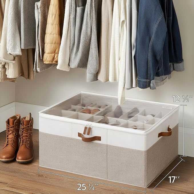 StorageWorks Shoe Organizer for Closet, Fits up to 24 Pairs, Shoe Cubby Storage Containers with Adjustable Dividers and Clear Cover, Brown & White - Image 6