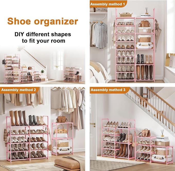 WOWLIVE 9 Tiers Large Shoe Rack White Shoe Rack Organizer for Closet 50-55 Pairs Stackable Heavy Duty Shoe Shelf Shoe Storage with Metal Pipes Plastic Pink - Image 5
