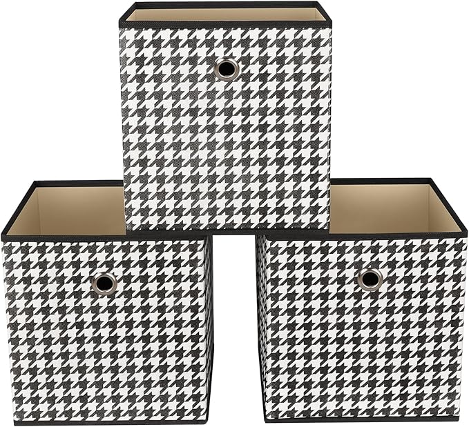 Foldable Storage Cubes Bins,11 Inch Cloth Storage Cube Fabric Storage Box Cubes Organizer Baskets with Dual Handles for Home Organizer Set of 3 (Houndstooth) by NieEnjoy