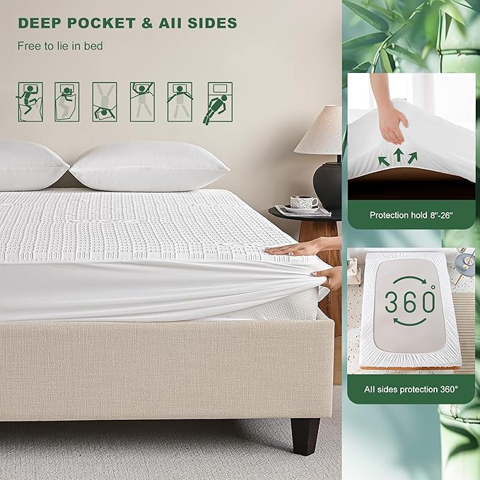 GRT California King Waterproof Mattress Protector, Rayon Made from Bamboo Mattress Cover, Breathable Cooling Soft Mattress Protector, Machine Washable Mattress Pad with 8''- 26'' Deep Pocket