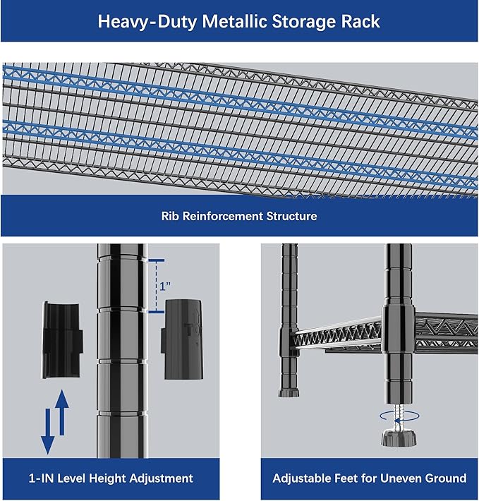 Heavy Duty Shelving, 47.6" H Garage Shelving Unit with Leveling Feet, 3-Tier Adjustable Garage Storage Shelves Metal Rack, Industrial Shelving for Warehaouse Storage, 60" W x 24" D x 47.6" H, Black - Image 7