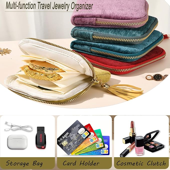 Travel Jewelry Organizer Bag Small Jewelry Holder Case with Tassel Zipper for Vacation Business Trip, Velvet Necklace Earrings Bangles Storage Box for Women Girls - Image 5