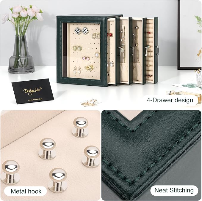 DesignSter Jewelry Box Organizer, Jewelry Box for Women, PU Jewelry Organizer Display Case with Side Drawers, Jewelry Storage for Earring Necklace Ring Bracelet Watch - Image 6