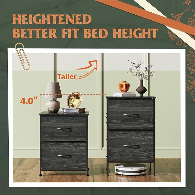WLIVE Nightstand, Nightstand with 2 Drawers, Bedside Furniture, Night Stand, Small Dresser for Bedroom, College Dorm, End Table with Fabric Bins, Dormitory, Charcoal Black Wood Grain Print