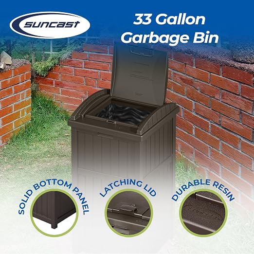 Suncast 3 Pack 33 Gallon Durable Plastic Hideaway Outdoor Garbage Can with Secure Lid & Wicker Design for Home Backyards, Decks, or Patios, Java Brown - Image 2