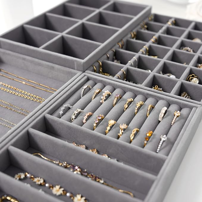 Velvet Jewelry Drawer Organizer Trays – Grey Stackable Jewelry Storage Inserts Set, 4-Layer Jewelry Tray Set for Earrings, Rings, Necklaces, Bracelets with Removable Dividers for Dresser & Vanity - Image 6