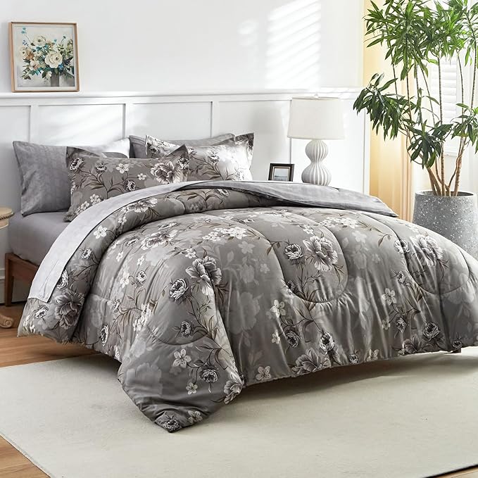 AIKASY 7-Piece Queen Size Bed in a Bag Comforter Set - Taupe Floral Ensemble with Reversible Botanical Flowers Comforter, Sheets, Pillowcases & Shams
