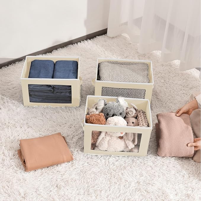 Homsorout Fabric Storage Bins with Lids, Storage Cubes with Window, Decorative Storage Boxes Baskets for Organizing, Closet Organizer Storage Bins for Home, Office, 3 Packs, Beige - Image 6