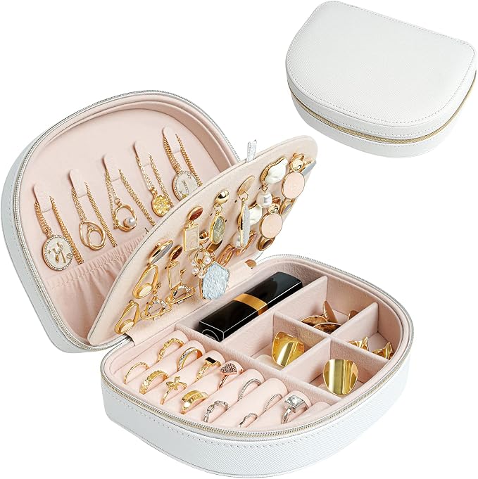 ProCase Travel Size Jewelry Box, Medium Portable Seashell-Shaped Jewelry Case, 2 Layer Mini Jewelry Organizer in PU Leather for Women -White by ProCase
