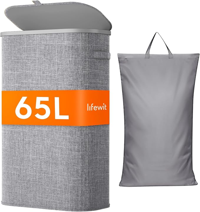Lifewit Slim Laundry Basket with Lid, Narrow Large Laundry Hamper with Plastic Handles and Removable Bag, Tall Foldable Dirty Clothes Hampers for Laundry Room, Bedroom, Bathroom, Dorm, 65L Gray by Lifewit
