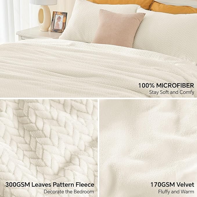 Flannel Fleece Comforter King Set - Furry Beige Leaves Pattern Faux Fur Bed Set, Winter Ultra Soft Fuzzy Comfort Set, Velvet Bedding Set for Bed with 2 Pillow Cases