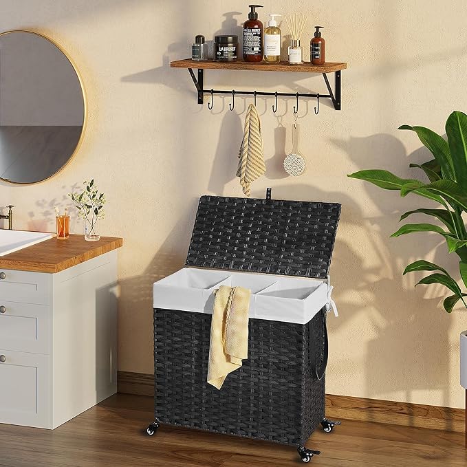 Greenstell Laundry Hamper with Wheels&Lid, 130L Large 3 Sections Clothes Hamper with 2 Types Removable Liner Bags, 5 Mesh Laundry Bags, Handwoven Divided Laundry Basket Black - Image 2