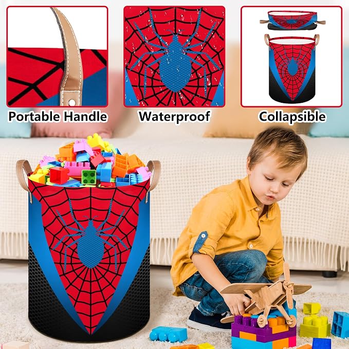 Red Spider Web Large Laundry Hamper Basket, Round Collapsible Storage Organizer Bin for Kids, Boys, Nursery, Closet, Bedroom, Playroom, Toys, Dirty Clothes, 16"W x 20"H - Image 4