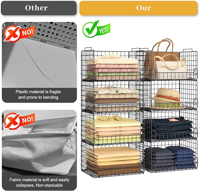 4-Tier Stackable Closet Organizers and Storage Basket - Foldable Closet Shelf Organizer System, Sturdy Metal Space-Saving Clothes Storage Bins for Wardrobe, Black - Image 5