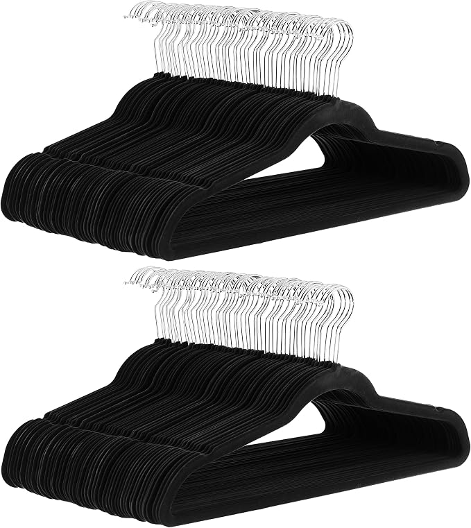 Amazon Basics Slim Velvet Non-Slip Space Saving Suit Clothes Hangers, Closet Organizer, Black/Silver, 100-Pack by AmazonBasics