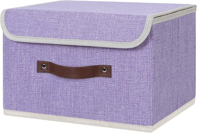 ANMINY Storage Bin with Lid Storage Boxes with PU Leather Handles PP Plastic Board Decorative Foldable Lidded Cotton Linen Fabric Home Cubes Baskets Closet Organizer Container - Purple, Medium by ANMINY