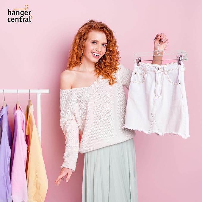 Hanger Central Premium 14 Inch Clear Pants Hangers with Adjustable Clips - 25 Pack Space-Saving Skirt Hangers - Non-Slip Heavy Duty Plastic Closet Organizers with 360° Swivel Hook - Image 7