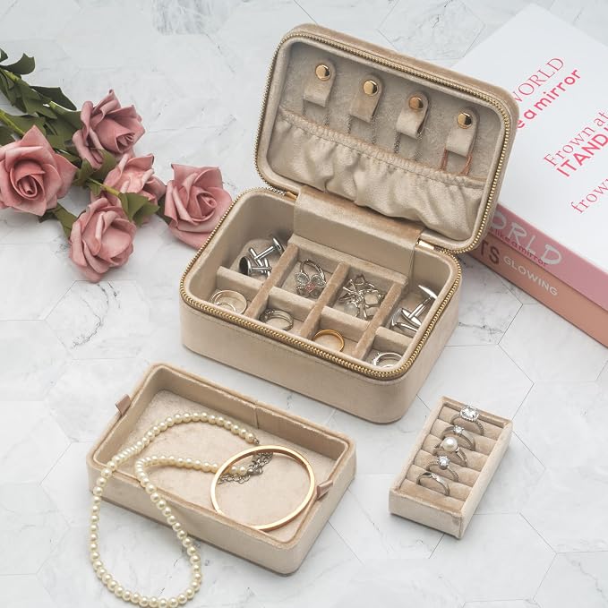 Velvet Travel Jewelry Organizer Box with Zipper Around Portable Accessory Display Tray Holder Storage Case for Multiple Earrings Rings Necklaces Bracelets (Beige) - Image 6
