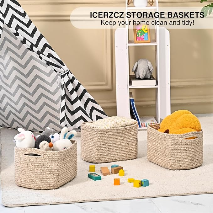 ICERZCZ Small Storage Baskets for Shelves Organizing, Woven Cotton Rope Baskets for Storage, Book Basket, Decorative Shelf Basket, 12.5"Lx9.1''Wx7.9''H (4 Packs) Mixed Brown - Image 6