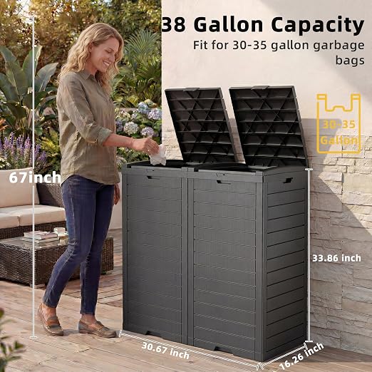 EFU 38 Gallon Outdoor Trash Can with Lid & Drip Tray, Dual Garbage Can for Patio Backyard Deck,Large Heavy Duty Waste Container Bin，Black - Image 2