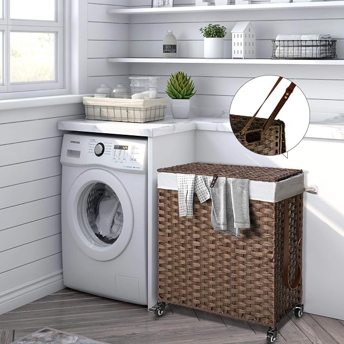 Greenstell Laundry Hamper with Wheels, No Install Needed, 90L Divided Handwoven Hampers & 2 Removable Liner Bags, Synthetic Rattan Clothes Laundry Basket with Lid & Handles, Foldable Hampers Brown - Image 2