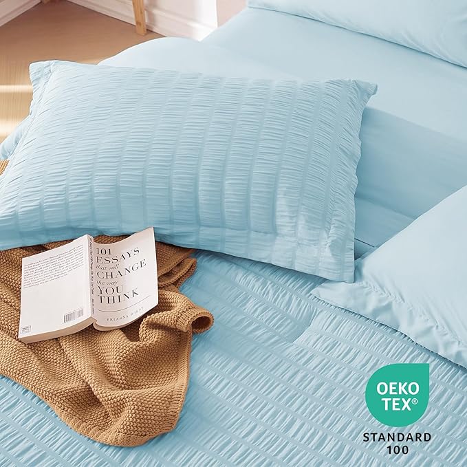 MUXHOMO 5 Pieces Twin XL Comforter Set, Seersucker Bed in a Bag Twin XL Size, All Season Luxury Bedding Set with Comforter, Flat Sheet, Fitted Sheet, Pillowcase & Sham, Lake Blue