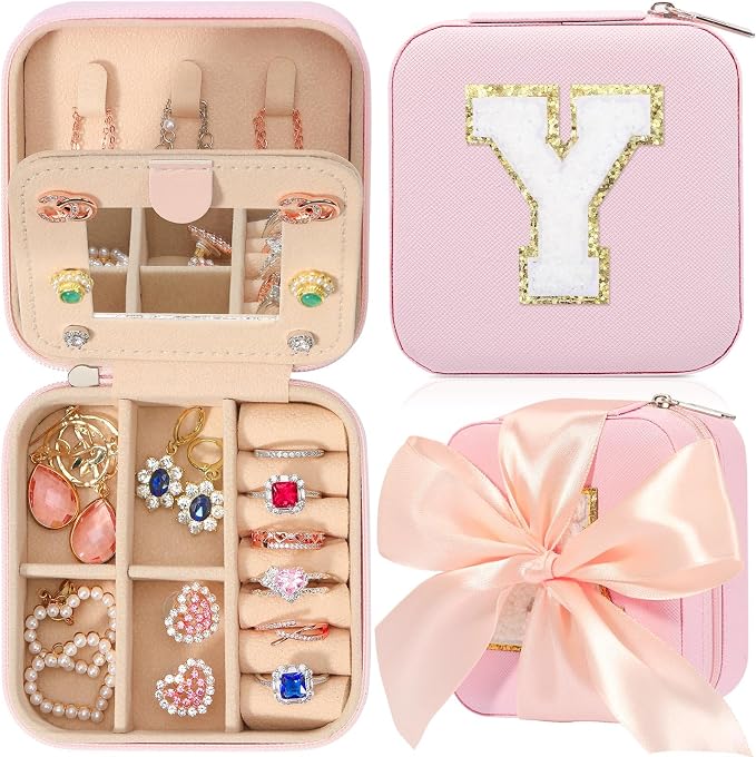 CHMI Travel Jewelry Case, Pink Travel Jewelry Box, Travel Jewelry Organizer, Travel Gifts for Women Girls, Jewelry Organizer Box, Birthday Gifts for Women, Christmas Gifts for Teens Girls - Initial Y by CHMI