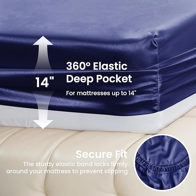 Love's cabin Twin Satin Sheet Sets - 3 Piece Navy Blue Silky Bed Sheets Twin with Deep Pockets, Luxury Silk Feel Satin Sheet Set Bedding Set (1 Flat Sheet,1 Fitted Sheet,1 Pillow case)