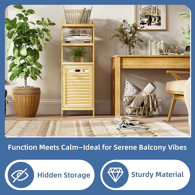 HITNET Tilt Out Laundry Hamper, Bamboo Laundry Basket with Foldable Bag and 3 Open Shelves, Freestanding Clothes Storage Organizer for Bedroom, Bathroom, Living Room, Natural - Image 5