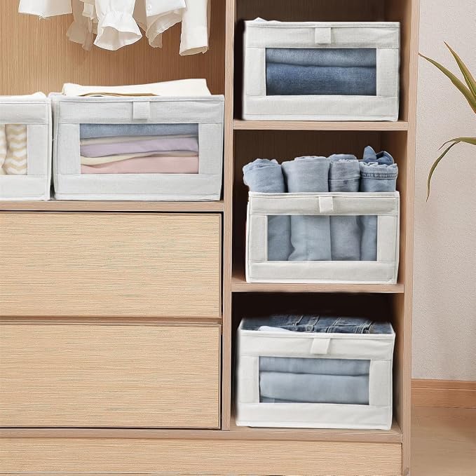 Fordonral 4 Pack Linen Storage Bins, Storage Containers for Organizing Clothing, Jeans, Toys, Books, Shelves, Closet, Wardrobe - Closet Organizers and Storage, Large Storage Boxes Baskets with Window - Image 5