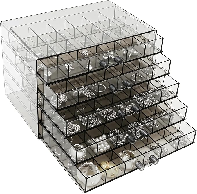 Clear Grey Acrylic Jewelry Storage Box, Earring Jewelry Organizer with 5 Drawers, 5-Layer Jewelry Box for Women, Earring Display Holder for Earrings Ring Bracelet Necklace, 120 Grid Storage Box by Euedue