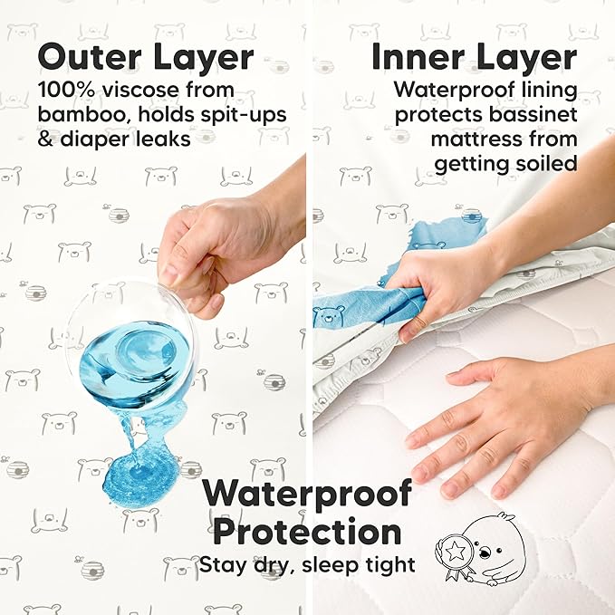 2-Pack Waterproof Bassinet Sheets Boy, Girl - 33x17 Baby Bassinet Mattress Protector Cover, Viscose Derived from Bamboo, Compatible with Graco, Baby Delight,Halo Bassinest Swivel Sleeper (Bumble Bear)