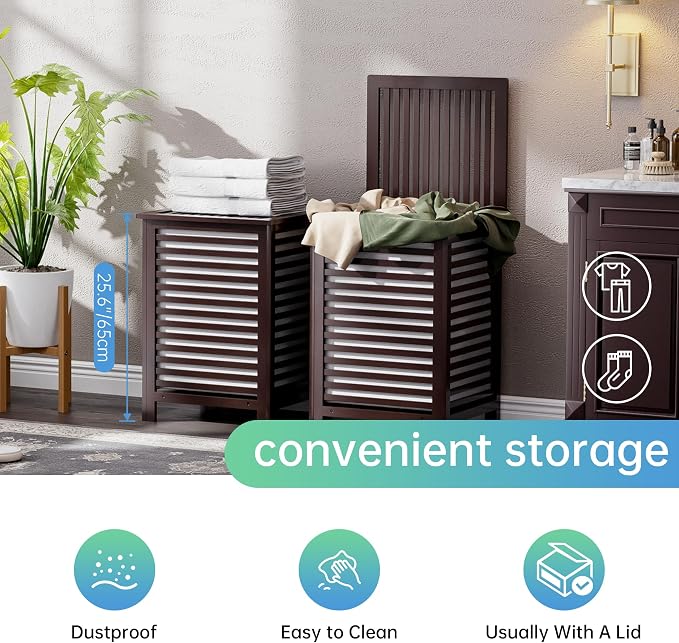 SMIBUY Double Laundry Hamper with Lid, 120L Bamboo Laundry Basket with Removable Liner Bag, 2-Section Clothes Divider Laundry Sorter for Laundry Room, Bathroom, Bedroom (Dark Brown) - Image 7