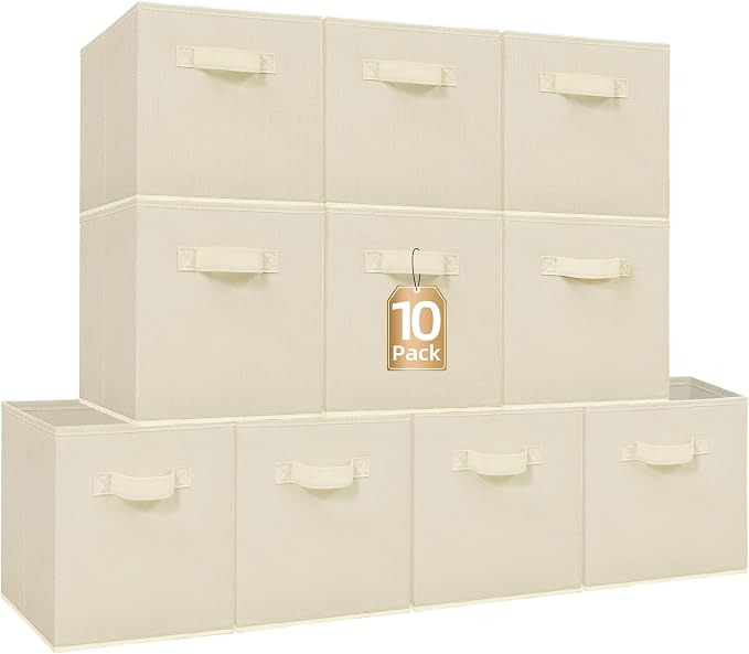 STORAGE MANIAC Storage Cubes, 11 Inch Collapsible Storage Bins with Handles, 10 Pack Fabric Foldable Bins for Organization, Durable Storage Bins for Closet, Shelves, Offices, Toys, 10-Pack Beige by STORAGEMANIAC
