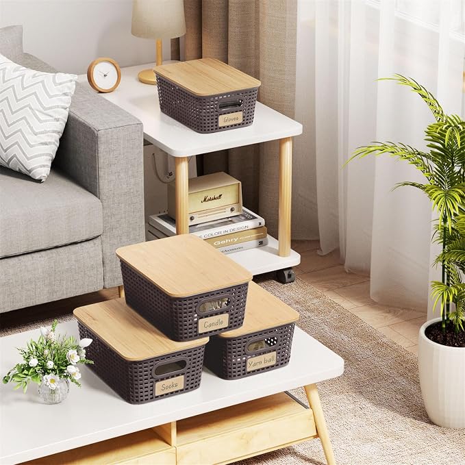 6Pcs Storage Bins with Lids, Stackable Plastic Storage Basket with Bamboo Lid, Pantry Organizer Box Small Containers for Organizing Shelves Drawer Desktop Closet Cabinet Office Classroom 10x7.1x4.1in - Image 7
