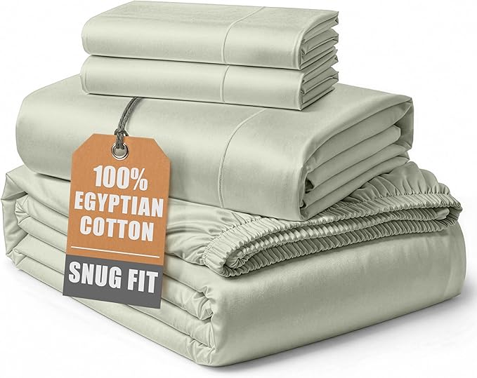 LANE LINEN 100% Egyptian Cotton Bed Sheets sábanas California King, Soft & Comfy Thick Bedding Sheets & Pillowcase Set, Machine Wash 16" Deep Pocket Cal King Sheet Set -Mineral