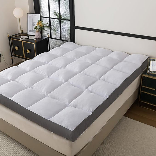 WhatsBedding Memory Foam Mattress Topper Queen Size Memory Foam Filled Warming Cooling Fluffy & Soft Pillow Top, Anti-Slip Bottom, 4 Elastic Straps, 80x60 Inch, Queen