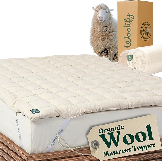 Organic Merino Wool Mattress Topper - Luxury Pillow Top Mattress Pad, Handmade, Non-Toxic, Cooling & Hypoallergenic, Natural Back Pain Relief, Sustainable Bedding (Queen)
