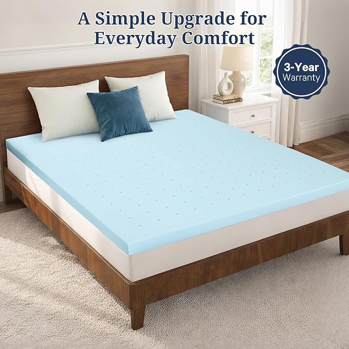 Queen Mattress Topper, 3 Inch Gel Memory Foam, Extra Cushioning, Pressure Relief, Ventilated Breathable Design, CertiPUR-US Certified, Blue