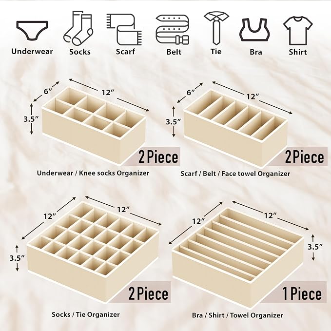 Simple Houseware Closet Underwear Organizer Drawer Divider Assorted 7 Pieces, Beige - Image 2