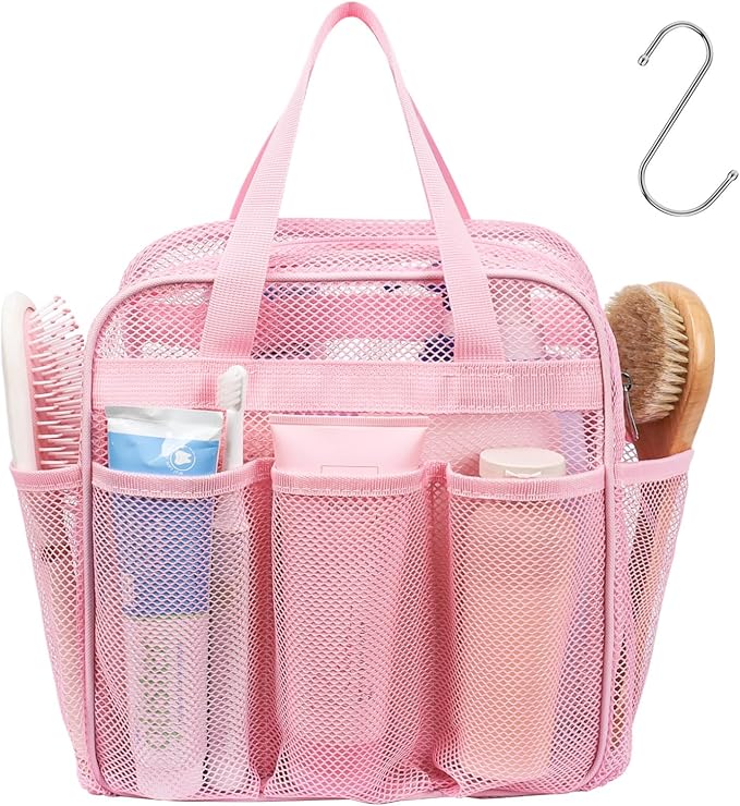 F-color Mesh Shower Caddy Portable with Zipper - Upgrade Deeper 7 Pockets Dorm Room Essentials for Guys Girls with S Hook, Shower Bag Basket Tote for College Camping Toiletry Bathroom, Pink by F-color