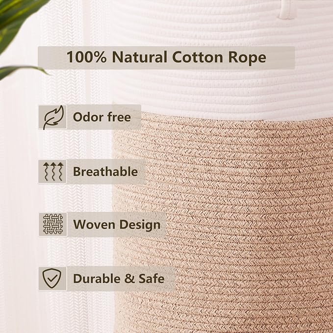60L Laundry Hamper Basket Tall Woven Cotton Rope Clothes Hamper for Baby Girls Nursery Kids Blanket Basket in Living Room Bathroom Bedroom Brown 15Dx20H Inches Large - Image 7
