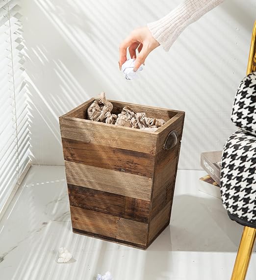 Small Wood Trash Can, Farmhouse Rectangular Garbage Can Waste Basket, Rustic Distressed Reclaimed Wood Wastebasket, Vintage Wooden Trash Recycling Bin Storage Basket with Metal Handles (Natural) - Image 8