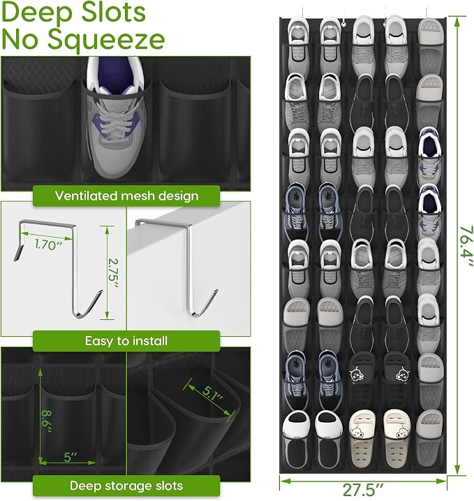 Unjumbly Over the Door Shoe Organizer with 40 Large Breathable Mesh Pockets, Space Saving Shoe Holder, Hanging Shoe Rack for Entryway Bedroom Closet Storage (Black, 40 Pockets) - Image 2