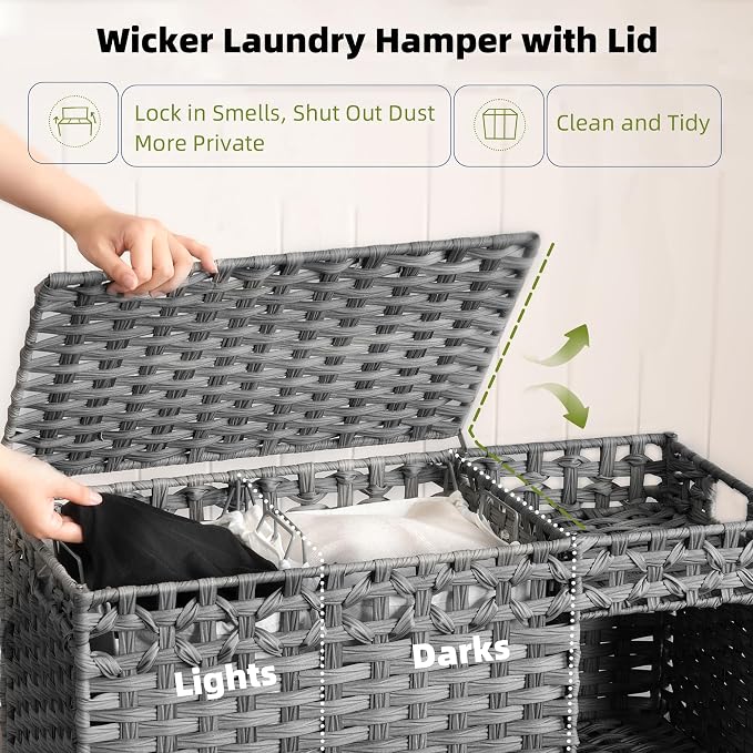 Laundry Hamper with Lid, 160L Rattan Wicker Laundry Basket with Wheels, Handwoven Laundry Hamper 2-Section with Storage shelf(42.3 Gal), Laundry Sorter Basket with Removable Liner, Grey HLH032G - Image 4